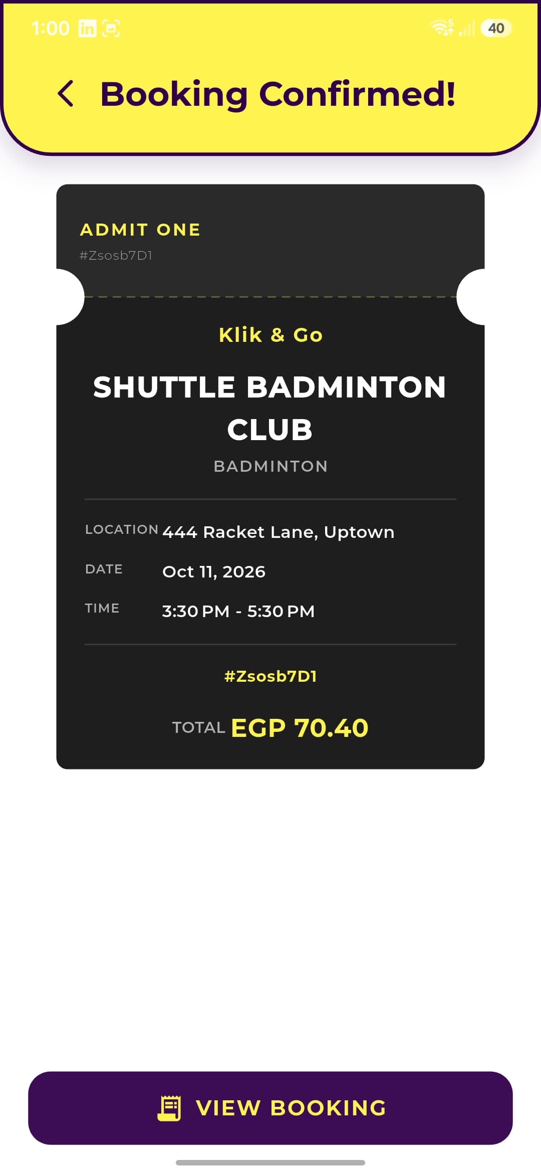 KLIK booking confirmation ticket showing venue, date, time and total